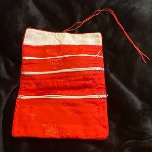 Travel jewelry storage pouch with zippers Chinese floral embroidered satin